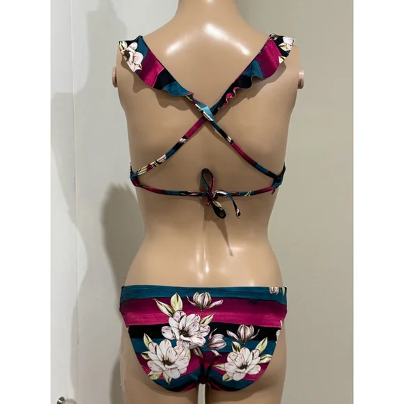 Women's Hula Honey Floral stripe Bikini Set Size S Pink Teal stripe ruffle - Picture 5 of 8
